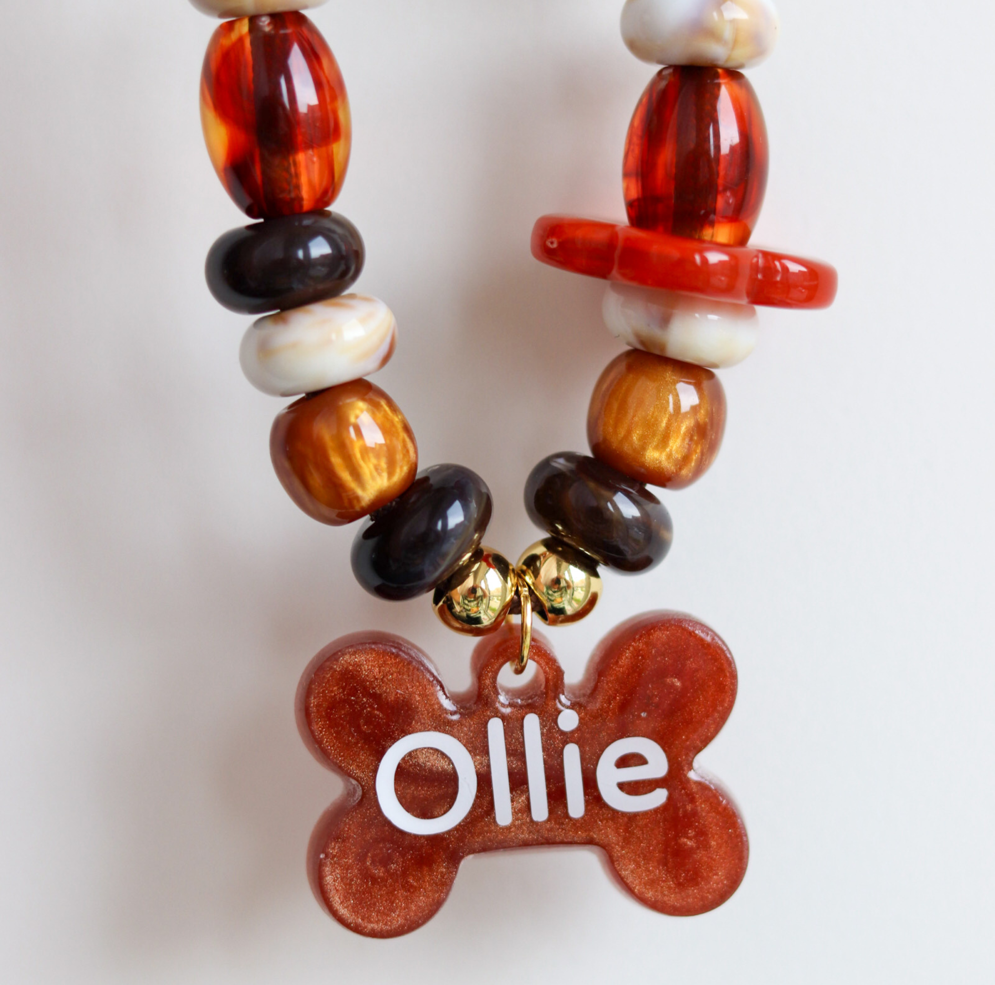 Hondenketting met Kralen - Kastanje & Amber met penning