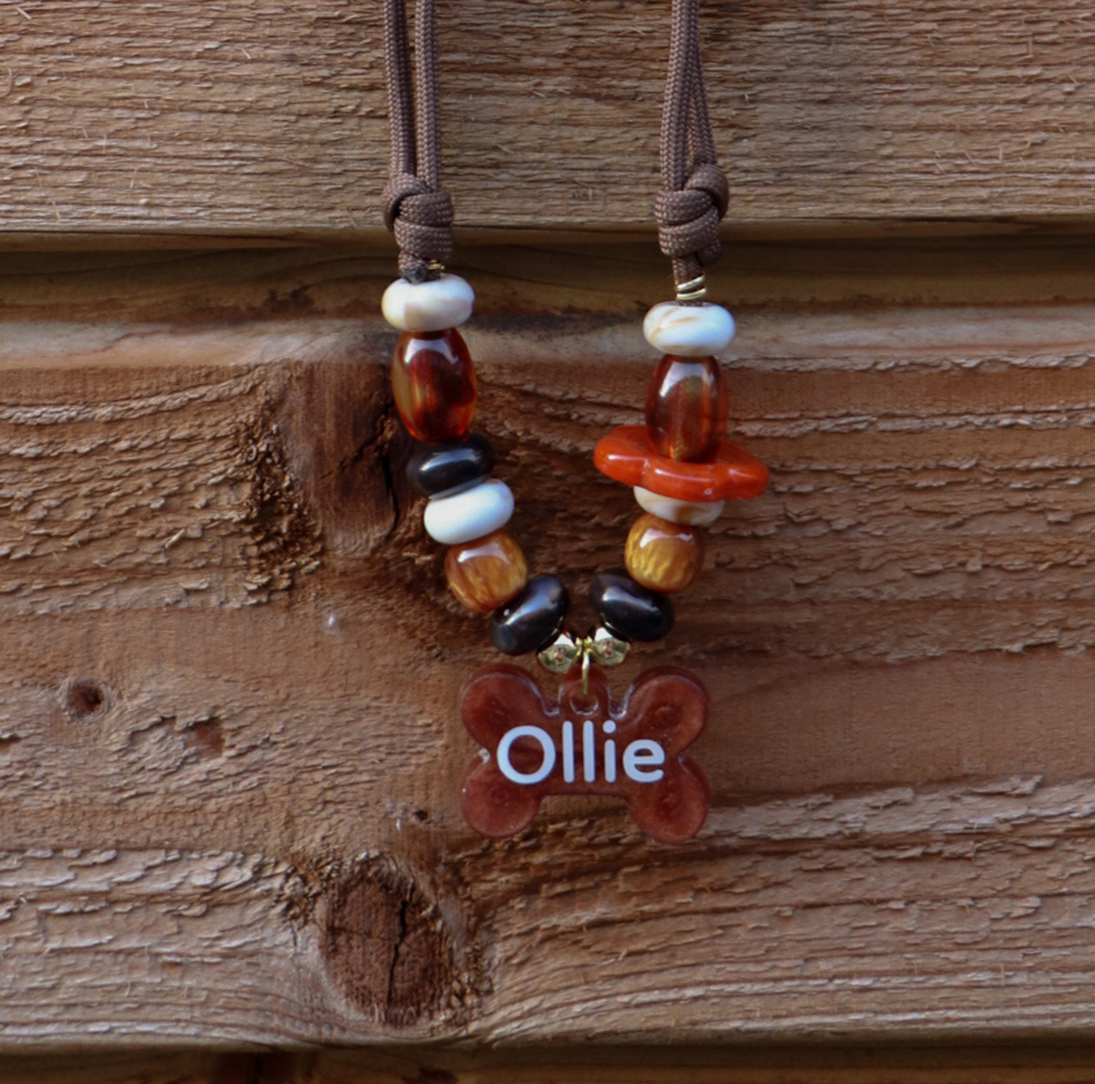 Hondenketting met Kralen - Kastanje & Amber ook voor katten met penning met naam